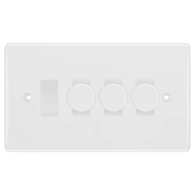 BG Nexus White Moulded 4 Gang Switch 3x Trailing Edge LED Dimmer 1x Intermediate Custom Grid Switch by British General (BG-Nexus-WM-4G-CUSTOM-3x-Dimmer-1x-INT)