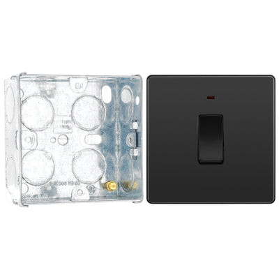 BG Evolve Black Chrome Double Pole Switch with Neon PCDBC31B with 35mm Steel Back Box