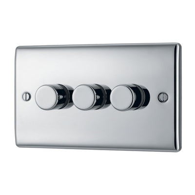 BG Nexus Polished Chrome 3 Gang 200W 2 Way Trailing Edge Push Type Dimmer Switch NPC83 with 35mm Steel Back Box