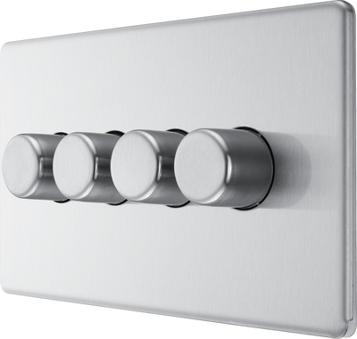 BG Electrical FBS84 Nexus Flatplate Screwless Brushed Steel 4 Gang 200W 2 Way Trailing-Edge Push Dimmer Switch