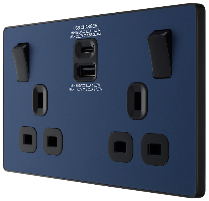 PCDDB22UAC30B Side - This Evolve Matt Blue 13A power socket from British General with integrated fast charge USB-A and USB-C ports delivers a 50% charge to mobile phones in just 30 minutes. These sockets allow you to charge your devices without sacrificing power sockets, and with no need for bulky adaptors.