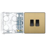 BG Evolve Satin Brass 2 Gang 20A 16AX 2 Way Light Switch PCDSB42B with 35mm Steel Back Box