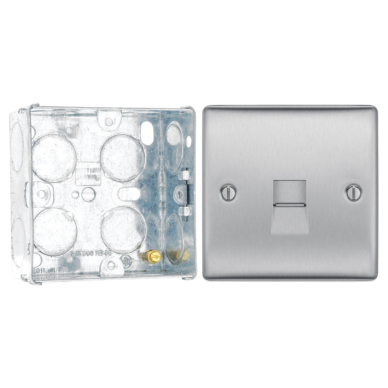 BG Nexus Brushed Steel Single Master Telephone Socket NBSBTM1 with 35mm Steel Back Box