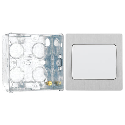 BG Evolve Brushed Steel 1G Wide Rocker Light Switch PCDBS12WW with 35mm Steel Back Box