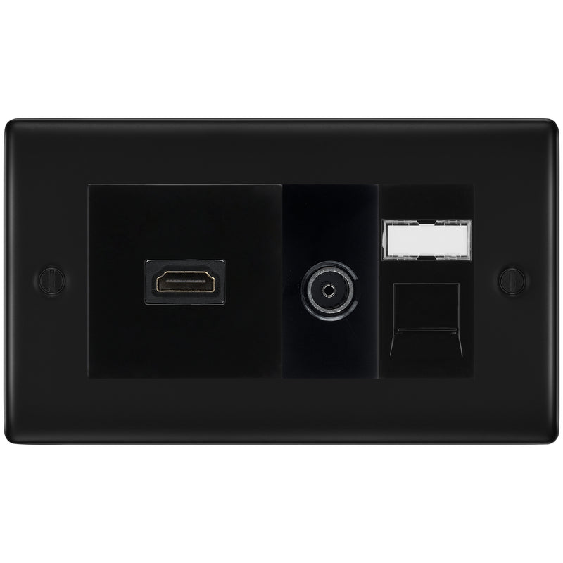 BG Nexus Matt Black Media Wall Plate TV Aerial, HDMI & CAT6 Outlet - Black Insert