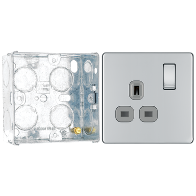 BG Screwless Polished Chrome 13A Single Switched Socket FPC21G with 35mm Steel Back Box