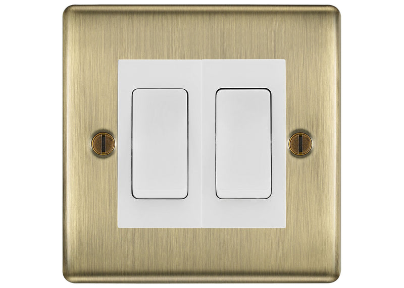 BG Nexus Antique Brass 2-Gang Light Switch 1x 2-Way + 1x Intermediate – White Inserts