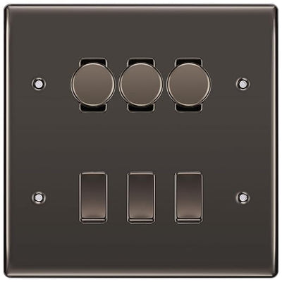 BG Nexus Black Nickel 6 Gang Switch 3x Trailing Edge LED Dimmer 3x 2Way Custom Switch