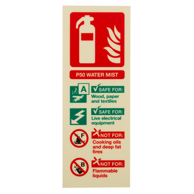 Extinguishers & Equipment: Photoluminescent P50 Water Mist Fire Extinguisher ID Signs Rigid PVC 2ltr A+F (and Electrical) / Portrait (200 x 75mm) by UltraFire (Safelincs-CSPW2RP)