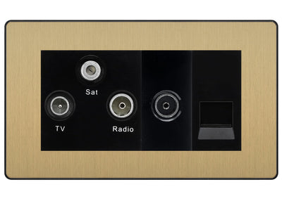 BG Evolve Satin Brass TV/FM/SAT + Return & 1 Gang Tel - Screened Triplex Socket by British General (BG-PCDSB68B)