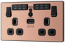 BG Evolve PCDCP22UWRB Polished Copper 2 Gang 13A 1x USB-A 2.1A Wi-FI Extender Switched Socket Outlet - Black Insert by British General (BG-PCDCP22UWRB-Shopify-SA_1)