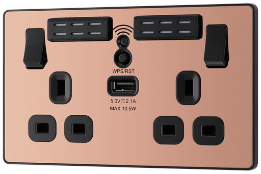 PCDCP22UWRB Front - This Evolve Polished Copper 13A double power socket with integrated Wi-Fi Extender from British General will eliminate dead spots and expand your Wi-Fi coverage.