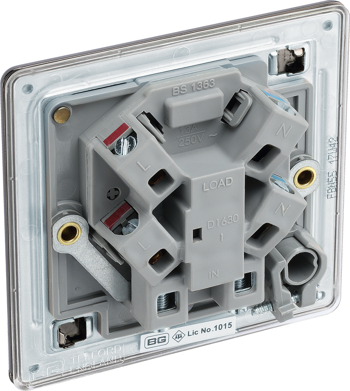  FBN55 Back - This 13A fused and unswitched connection unit from British General provides an outlet from the mains containing the fuse ideal for spur circuits and hardwired appliances. The backplate has an optional flex outlet with removable blanking piece at the lower edge. 