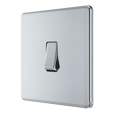 BG Screwless Polished Chrome 20A 16AX 2 Way Single Light Switch FPC12 with 35mm Steel Back Box
