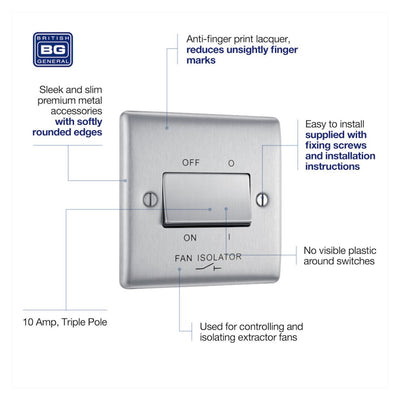 Brushed Steel 10A Triple Pole Fan Isolator Switch & Surface Pattress Back Box
