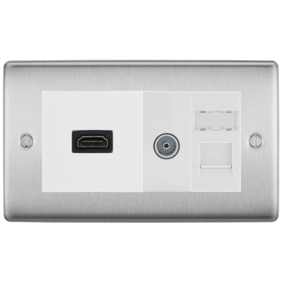 BG Nexus Brushed Steel Media Wall Plate TV Aerial, HDMI & CAT6 Outlet - White Insert