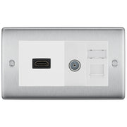 BG Nexus Brushed Steel Media Wall Plate TV Aerial, HDMI & CAT6 Outlet - White Insert