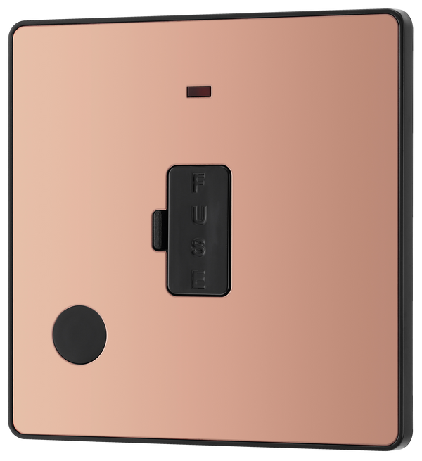 PCDCP54B Front - This Evolve Polished Copper 13A fused and unswitched connection unit from British General provides an outlet from the mains containing the fuse, ideal for spur circuits and hardwired appliances.