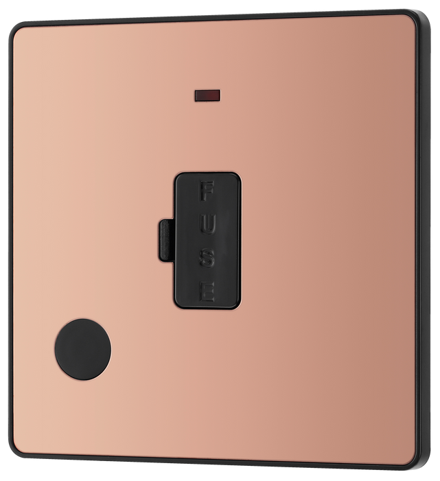 PCDCP54B Front - This Evolve Polished Copper 13A fused and unswitched connection unit from British General provides an outlet from the mains containing the fuse, ideal for spur circuits and hardwired appliances.