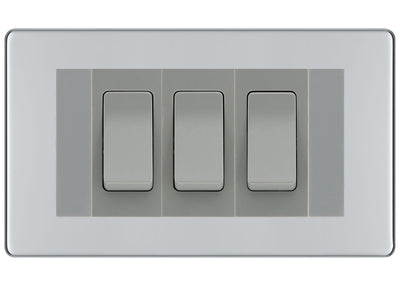BG Polished Chrome Screwless 3 Gang Intermediate Light Switch Custom Grid - Grey Insert