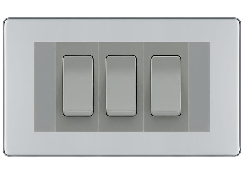 BG Polished Chrome Screwless 3 Gang Intermediate Light Switch Custom Grid - Grey Insert
