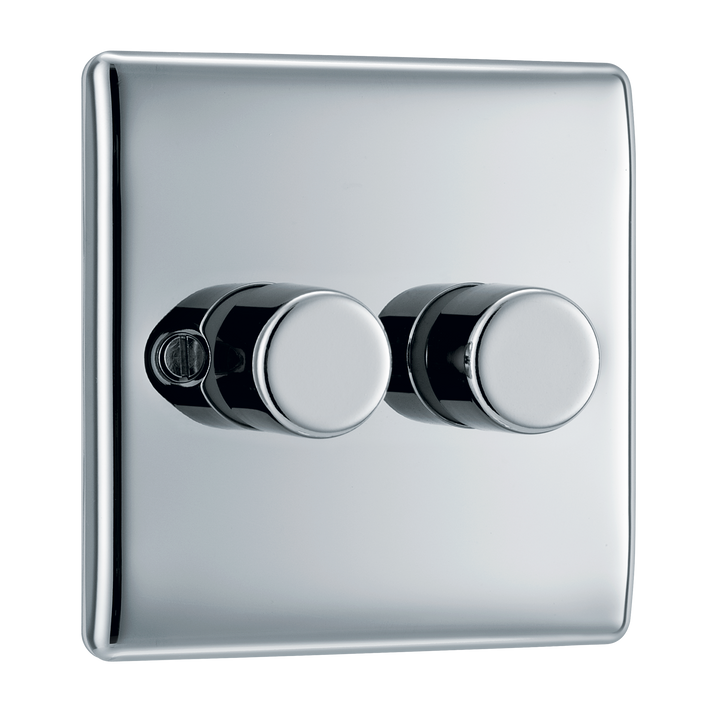 NPC82 Front - This trailing edge double dimmer switch from British General allows you to control your light levels and set the mood. The intelligent electronic circuit monitors the connected load and provides a soft-start with protection against thermal