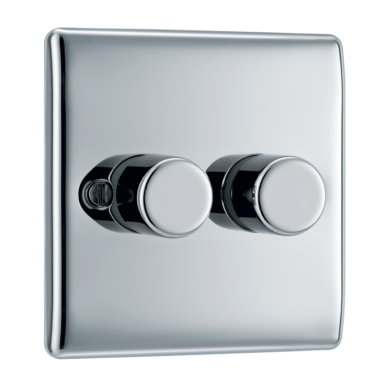 BG NPC82 Nexus Metal Polished Chrome 2 Gang 200W 2 Way Trailing Edge Push Type Dimmer Switch
