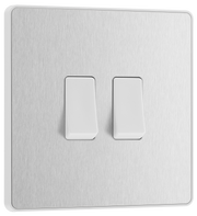 BG PCDBS42W Brushed Steel Evolve 2 Gang 20A 16AX 2 Way Light Switch - White Insert by British General (BG-PCDBS42W-Shopify-SA_1)