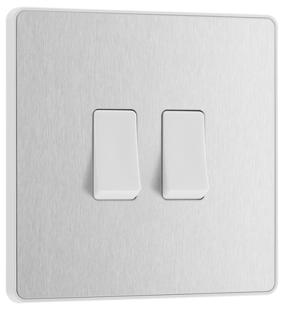 BG PCDBS42W Brushed Steel Evolve 2 Gang 20A 16AX 2 Way Light Switch - White Insert by British General (BG-PCDBS42W-Shopify-SA_1)