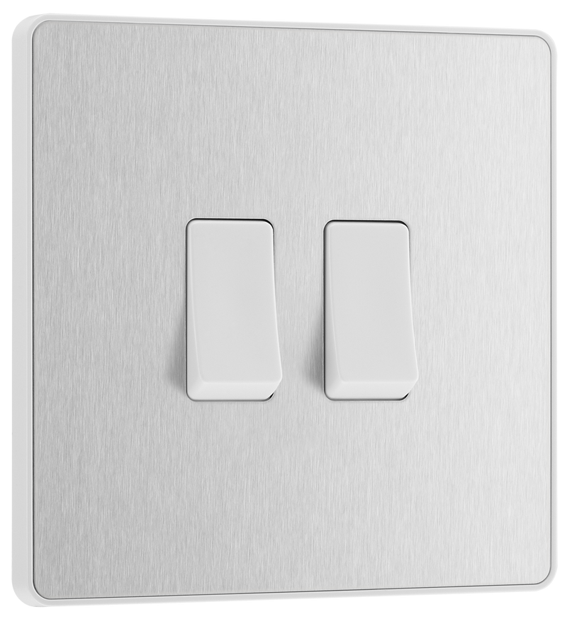 BG PCDBS42W Brushed Steel Evolve 2 Gang 20A 16AX 2 Way Light Switch - White Insert