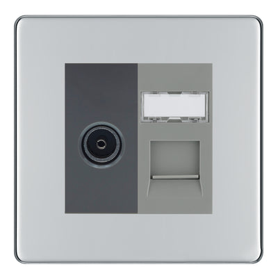 BG Screwless Polished Chrome TV Aerial & RJ45 CAT6 Data Socket - Grey Insert