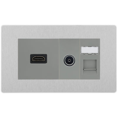 BG Evolve Media Wall Plate — TV Aerial, HDMI & CAT6 | Brushed Steel Screwless by British General