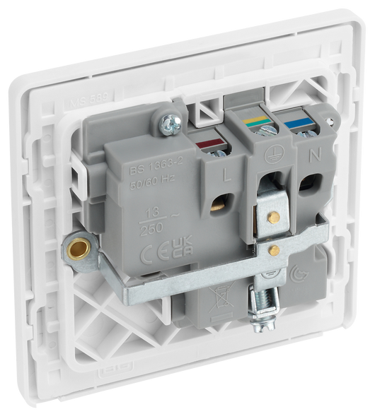 PCDCL21W Back - This Evolve pearlescent white 13A single switched socket from British General has been designed with angled in line colour coded terminals and backed out captive screws for ease of installation, and fits a 25mm back box making it an ideal retro-fit replacement for existing sockets.