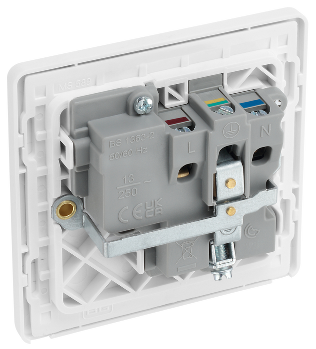 PCDCL21W Back - This Evolve pearlescent white 13A single switched socket from British General has been designed with angled in line colour coded terminals and backed out captive screws for ease of installation, and fits a 25mm back box making it an ideal retro-fit replacement for existing sockets.