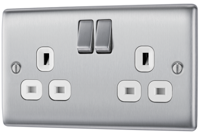 BG NBS22W 10 Pack Nexus Metal Brushed Steel 2 Gang 13A Switch Socket White Insert by British General (BG-NBS22W-Shopify-SA-10)