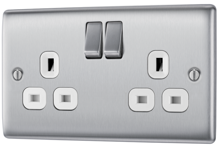 NBS22W Front - This brushed steel finish 13A double switched socket from British General has a sleek and slim profile with softly rounded edges, anti-fingerprint lacquer and no visible plastic around the switches for a luxurious finish