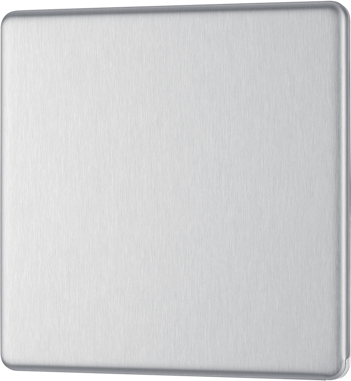 FBS94 Front - This screwless brushed steel single blank plate from British General is ideal for covering unused electrical connection.