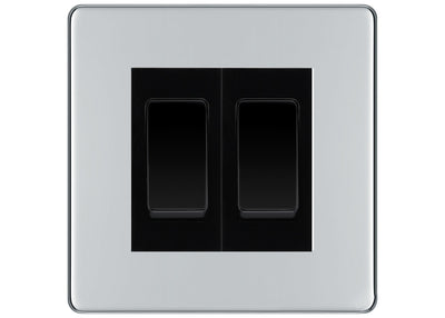 BG Screwless Polished Chrome 2-Gang Light Switch 1x 2-Way + 1x Intermediate – Black Inserts by British General (BG-SCRL-PC-2G-Combo-1x INT-1x 2WAY BL)