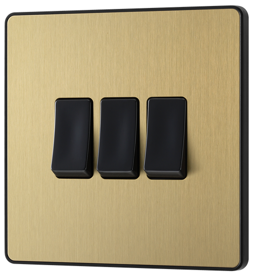 PCDSB43B Front -  This Evolve Satin Brass 20A 16AX triple light switch from British General can operate 3 different lights, whilst the 2 way switching allows a second switch to be added to the circuit to operate the same light from another location (e.g. at the top and bottom of the stairs).
