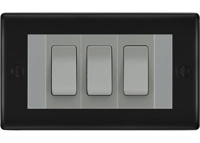 BG Nexus Matt Black 3 Gang Intermediate Light Switch Custom Grid - Grey Insert