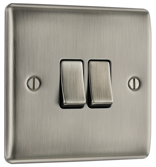 NBI42 Front -  This brushed Iridium finish 20A 16AX double light switch from British General can operate 2 different lights whilst the 2 way switching allows a second switch to be added to the circuit to operate the same light from another location (e.g. at the top and bottom of the stairs).
