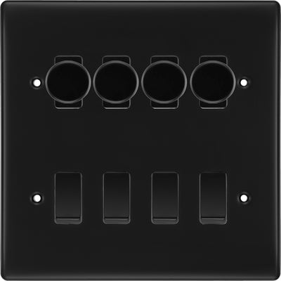 BG Nexus Matt Black 8 Gang Switch 4x Trailing Edge LED Dimmer 4x Intermediate Custom Grid Switch by British General (BG-Nexus-FB-8G-CUSTOM-4x-Dimmer-4x-INT)