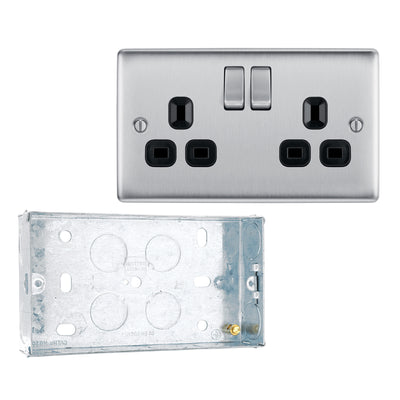 BG Nexus Metal Brushed Steel 13A Double Socket NBS22B with 25mm Steel Back Box by British General (BG-NBS22B+HGS04)