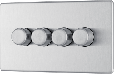 BG Electrical FBS84 Nexus Flatplate Screwless Brushed Steel 4 Gang 200W 2 Way Trailing-Edge Push Dimmer Switch
