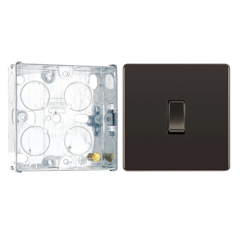 BG Screwless Black Nickel 20A 16AX 2 Way Single Light Switch FBN12 with 25mm Steel Back Box