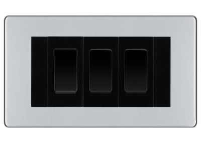 BG Polished Chrome Screwless 3 Gang 20AX 2-Way Switch Custom Grid - Black Insert by British General (BG-SCRL-PC-3G-Combo-3x 2WAY-BL)