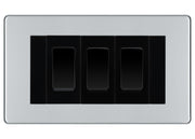 BG Polished Chrome Screwless 3 Gang 20AX 2-Way Switch Custom Grid - Black Insert by British General (BG-SCRL-PC-3G-Combo-3x 2WAY-BL)