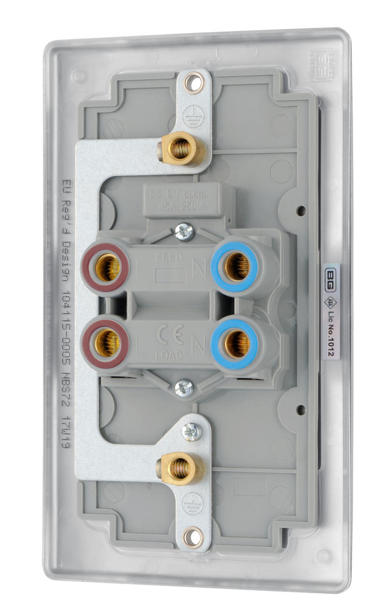 NBS72 Back - This 45A double pole switch with indicator from British General is ideal for use with cookers and has a large mounting plate measuring 146mm high x 86mm wide.