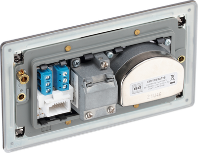 FBN69 Back - This screened Quadplex socket fromBritish General has an outlet for TV FM and 2 satellites, plus a re turn and shuttered telephone socket.