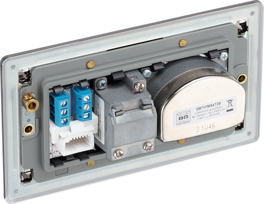 FBN69 Back - This screened Quadplex socket fromBritish General has an outlet for TV FM and 2 satellites, plus a re turn and shuttered telephone socket.